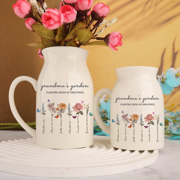 Personalized Birth Month Flowers Vase | Grandma's Gifts | Custom Ceramic Vase | Mother's Day Gift | Gift for Mom | Grandma's Garden Vase