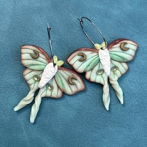 Luna Moth Polymer Clay Earrings: Semi-Translucent Green Dangle Hoops