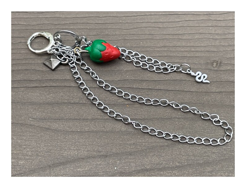 May include: A silver chain with a red and green strawberry charm, a silver snake charm, and a silver pyramid charm.