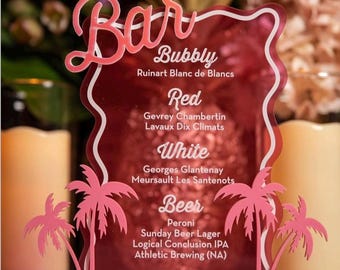 Layered Acrylic Palm Tree Bar Menu | Wedding Signage | Custom Cocktail Or Dinner Menu | Pink Neon Event Decor