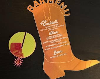 Custom Boot Bar Menu Sign with Spur Base | Holographic Acrylic Western Bar Menu | Cowboy Theme Event Bar Sign | Custom Drink Menu