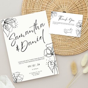 Minimalist Wedding Invitation template,  Minimal thank you card Template, Modern, elegant  and floral Invite, downloadable, printable.
