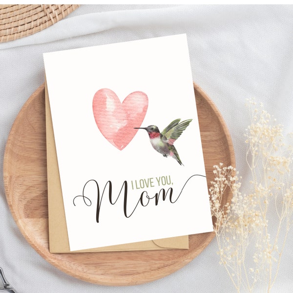 Happy Mother's Day Hummingbird Card template. Humming Bird Card For Mom, Nature Lover Card, Bird Lover digital Card Printable. Download.