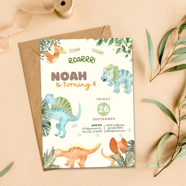 Editable Dinosaur Invitation, girl or boy Dinosaur 4th Birthday Party, Dinosaur Birthday Invitation, Dino Invitation  4th Birthday Party.