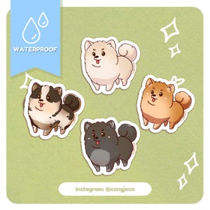 May include: Four adorable cartoon dog stickers with different fur colors and patterns. The stickers are white, black, brown, and spotted. The stickers are waterproof and perfect for decorating laptops, water bottles, or journals. The text "Waterproof" and "Instagram: @congioco" are also included in the image.