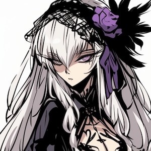 May include: Illustration of a woman with long white hair and purple eyes. She wears a black outfit with a lace veil and a purple flower accent. The artwork has a gothic anime style.