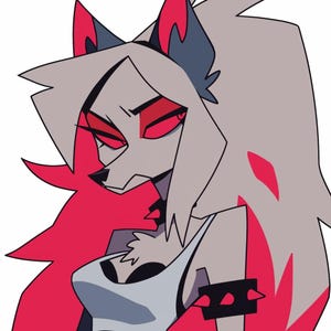 Puede incluir: Ilustración de un personaje con forma de lobo con pelaje gris, ojos rojos y una camiseta sin mangas blanca. El personaje tiene un collar y una pulsera negros con púas rojas. El fondo es una forma roja sólida.
