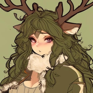 Puede incluir: Ilustración de una persona con cabello verde y cuernos de ciervo. La persona tiene mejillas rosadas y ojos morados. Lleva un cuello con ribete de piel blanca y una capa verde. El fondo es de color verde claro.
