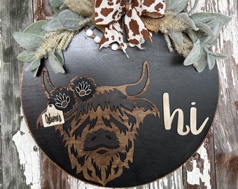 Highland Cow Door Hanger| Front Door Decor| Highland Cow| Personalized Door Hanger| Door Sign With Highland Cow