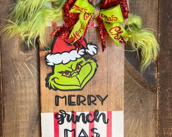 Grinch Front Door Decor-Merry Grinchmas-Christmas Door Hanger-Christmas Wood Wreath-Grinch Front Door Decor