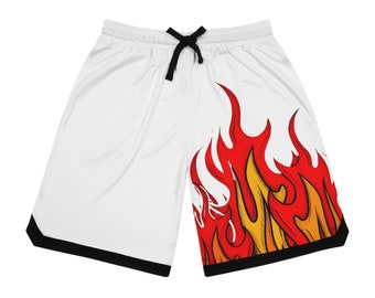 Basketball Rib Shorts, Fire Printed Shorts, Sports Shorts, Workout or Casual Summer Short