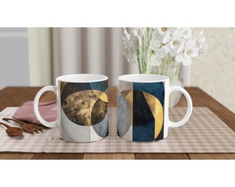 Sculpted Serenity – Navy, Gray, White, and Gold Abstract 11oz Ceramic Mug