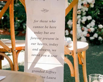 Custom Memorial Chair Sign, Linen Wedding Memorial Banner Size 18x70 inch