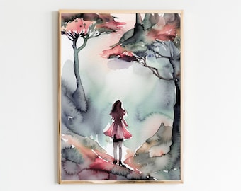 Stampa d'arte, Ragazza nel paesaggio del bosco, Decorazione artistica, Stampa digitale, Illustrazione, Acquerello