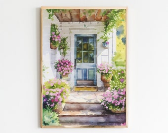 Art Print, Cottage Door Watercolor, Flowers Illustration, Wall Decor, Digital Download