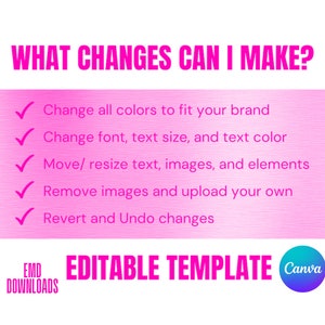 Pode incluir: Fundo rosa com uma marca de verifica&ccedil;&atilde;o branca ao lado de cada item em uma lista de recursos de modelo edit&aacute;vel. A lista inclui: Alterar todas as cores para combinar com sua marca, Alterar a fonte, o tamanho do texto e a cor do texto, Mover/redimensionar o texto, as imagens e os elementos, Remover as imagens e carregar as suas, Reverter e desfazer as altera&ccedil;&otilde;es. O texto "WHAT CHANGES CAN I MAKE?" est&aacute; no topo da imagem. O texto "EDITABLE TEMPLATE" est&aacute; na parte inferior da imagem. O logotipo do Canva est&aacute; no canto inferior direito.