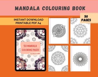 May include: A digital download of a mandala coloring book with 50 pages. The cover features a colorful mandala with floral elements. The book is printable on A4 paper and is suitable for adults and kids.