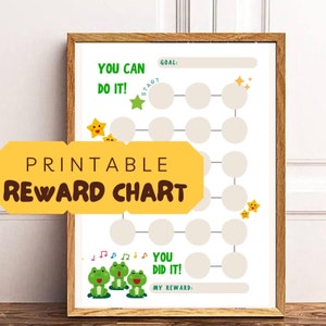 Puede incluir: Tabla de recompensas imprimible con una estrella verde, estrellas amarillas y ranas. La tabla tiene círculos para colorear y el texto "You Can Do It!" y "You Did It!"