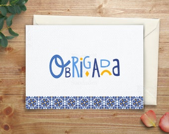 Obrigada Azulejo Card - Portuguese Tile Design Thank You Card for Her | 5 x 7 Digital Printable Card | US Letter & A4 Size