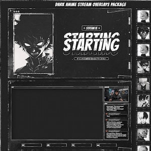 Op de afbeelding: Een donker anime-thema stream overlay pakket met een zwart-wit esthetiek. Bevat een startscherm met tekst, een hoofdvideoframe, een chatvenster en een verticale zijbalk met knoppen gelabeld About Me, Socials, PC Specs, Discord, Support Me, Commands, Links, FAQ en Videos.
