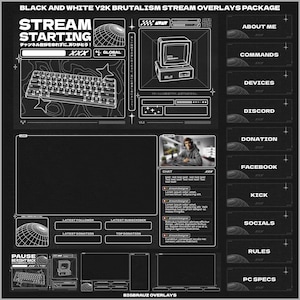 Pacote de sobreposições de transmissão DARK animadas para Twitch, YouTube, OBS e Streamlabs em um estilo inspirado no Y2K e no brutalismo.