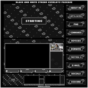 Pacote de sobreposições de fluxo DARK animado para Twitch, Youtube, OBS, Streamlabs | estilo de padrão preto e branco escuro. Sobreposições de fluxo vertical