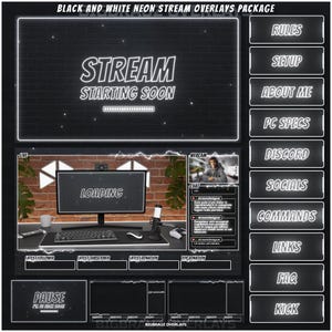 SOBREPOSIÇÕES de fluxo NEON preto e branco animado, painéis, alertas, quadros de webcam, telas