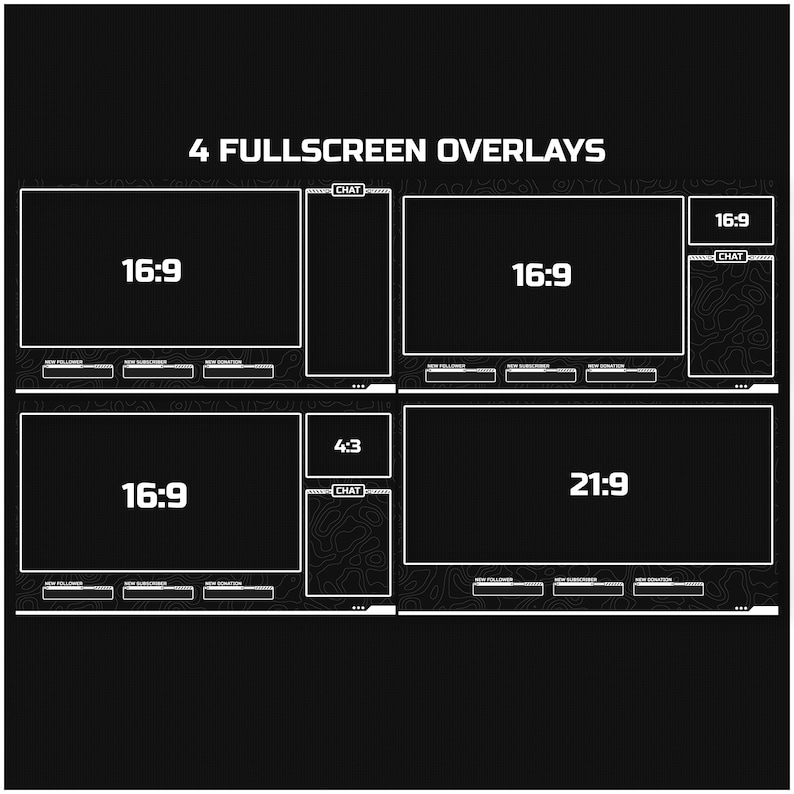 May include: Four different screen layouts for streaming, with labels for 16:9, 21:9, and 4:3 aspect ratios. Each layout includes a chat box, new follower, new subscriber, and new donation sections.