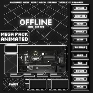 Pacote de sobreposições de fluxo de néon retrô DARK animado para Twitch, Youtube, OBS, Streamlabs OBS