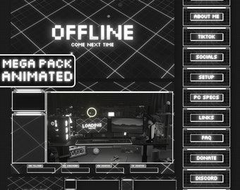 May include: A black and white animated stream overlay package with a retro neon aesthetic. The package includes an offline screen, a loading screen, a pause screen, and several buttons for social media, donations, and other information. The text "OFFLINE COME NEXT TIME" is displayed on the offline screen. The text "MEGA PACK ANIMATED" is displayed on the top left corner of the screen. The text "PAUSE PRESS START" is displayed on the pause screen. The text "LOADING" is displayed on the loading screen.
