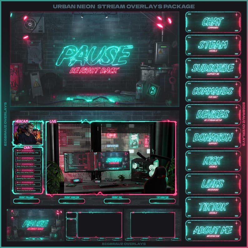 Animated Neon Stream Overlays Package (twitch, Youtube, Kick, Tiktok ...