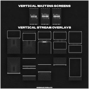 May include: A set of black and white vertical stream overlays and waiting screens. The waiting screens display "Starting", "Pause", and "Ending" text. The stream overlays feature grid patterns and text boxes. The Bigbrauz Overlays logo is at the bottom of the image.