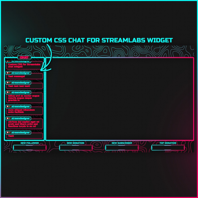 May include: A black and blue digital chat widget with a neon pink border. The widget has a chat box, a new follower notification, a new donation notification, a new subscriber notification, and a top donation notification. The text "CUSTOM CSS CHAT FOR STREAMLABS WIDGET" is at the top of the widget.