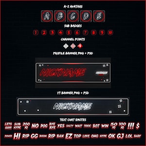 May include: A digital illustration of a Twitch streamer's branding kit. The kit includes a profile banner, YouTube banner, text chat emotes, sub badges, channel points, and A-Z avatars. The design is black and red with neon red accents.