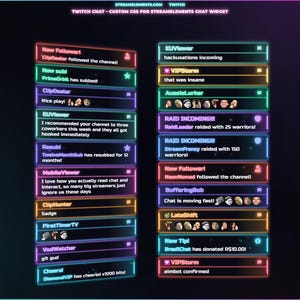 May include: A digital Twitch chat overlay featuring two columns of neon-colored message boxes. The interface displays various user names, chat messages, and notification alerts in red, green, blue, purple, and orange glowing rectangular frames.