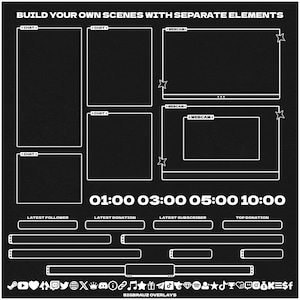 May include: Black and white streaming overlay design with chat boxes, webcam frames, and timer displays. Text includes "BUILD YOUR OWN SCENES WITH SEPARATE ELEMENTS" and "BIGBRAUZ OVERLAYS".