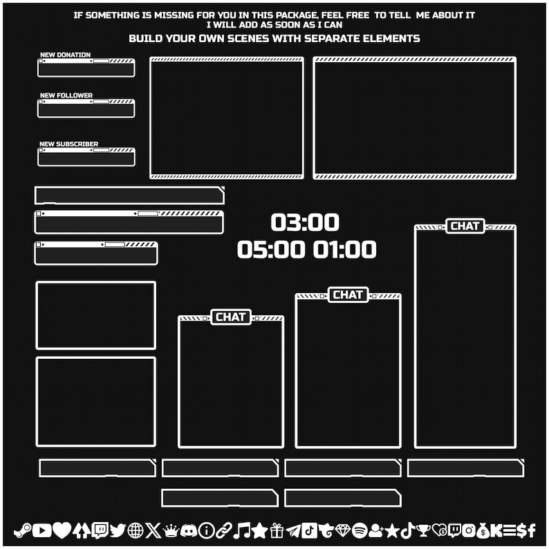 Animated DARK Stream overlays package for Twitch, Youtube, OBS, Streamlabs in topographic dark style image 7