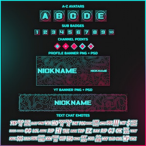 May include: A digital illustration of a Twitch streamer's profile with a blue and pink color scheme. The illustration includes a profile banner, a YouTube banner, and a set of text chat emotes. The text chat emotes include phrases like "YES", "RIP", "HI", "SOS", "WP", and "FAKE".