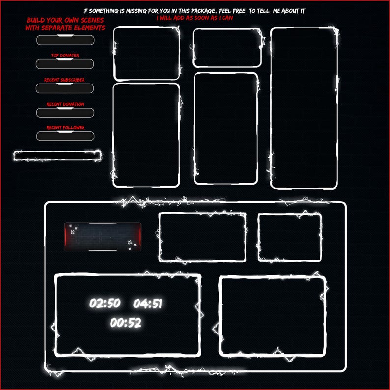 May include: A black and white Twitch overlay template with a white border and a white lightning bolt design. The overlay includes sections for top donator, recent subscriber, recent donation, recent follower, and a timer.
