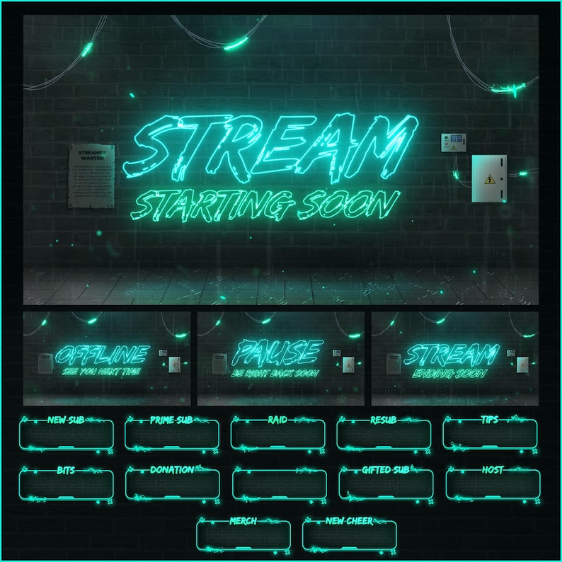 Green neon stream screens and scenes, alerts