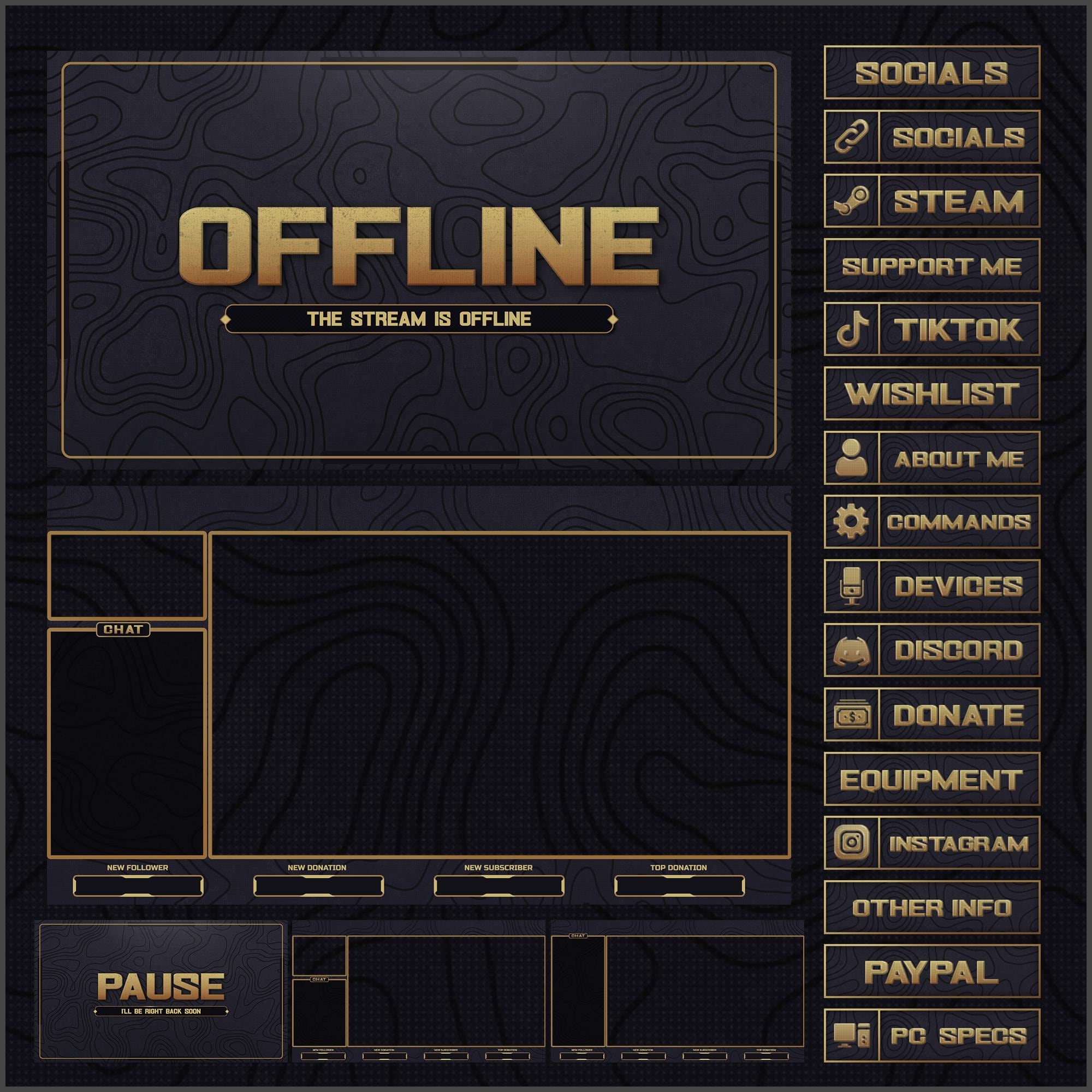 Gray, Gold, Clean Animated Twitch Topographic style Overlay  - Complete Stream Package - Made for Twitch, YouTube, Kick, OBS, and Streamlabs