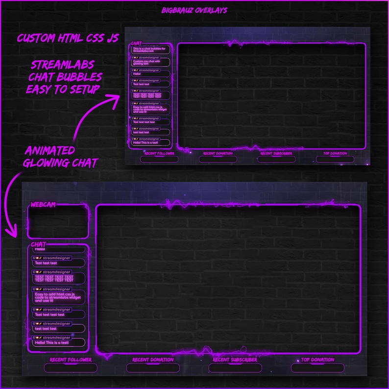 May include: Purple animated Twitch stream overlay with a glowing neon effect. The overlay includes sections for chat, recent follower, recent donation, recent subscriber, and top donation. The overlay is designed for use with Streamlabs Chat Bubbles.