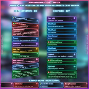 Könnte beinhalten: Ein digitaler Bildschirm, der ein benutzerdefiniertes Twitch-Chat-Widget mit verschiedenen Chat-Nachrichten zeigt. Das Layout umfasst Optionen für 3D-Perspektive und Chatbox-Anzeige. Text enthält Benutzernamen, Nachrichten und Benachrichtigungen.