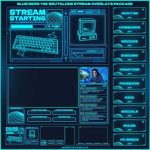 May include: A blue neon Y2K Brutalism stream overlays package with a futuristic design. The package includes various sections for stream information, commands, devices, and social media links. The text "STREAM STARTING" is prominently displayed.