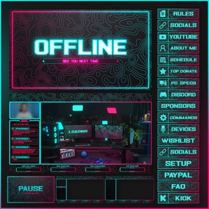 Pacote de sobreposições de fluxo NEON animado para Twitch, Youtube, OBS, Streamlabs em estilo escuro topográfico