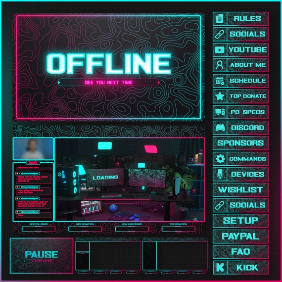 Animated NEON Stream overlays package for Twitch, Youtube, OBS, Streamlabs in topographic dark style