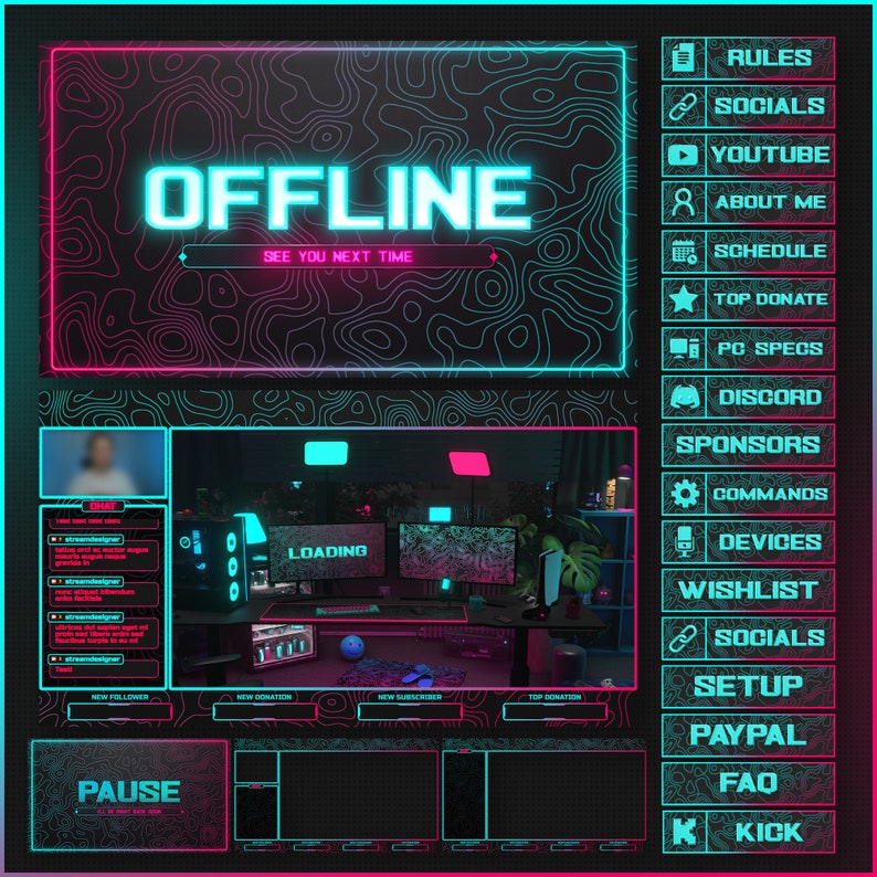 May include: A neon pink and blue offline screen for a streamer with a loading animation, a new follower notification, a new donation notification, a new subscriber notification, and a top donation notification. The screen also includes a pause button, a list of rules, social media links, and other information about the streamer.