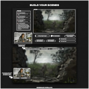 May include: Digital overlay design in black and white for streaming, with text boxes, chat windows, and a video display area. The design includes the text "BUILD YOUR SCENES" and "BIGBRAUZ OVERLAYS".