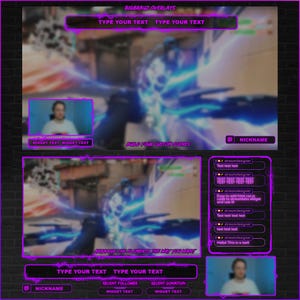 May include: A purple and blue animated overlay for Twitch streams with the text "BIGBRAUZ OVERLAYS" and "BUILD YOUR CUSTOM SCENES". The overlay includes a space for a webcam feed, a nickname, recent follower and donation widgets, and text boxes for adding custom text.