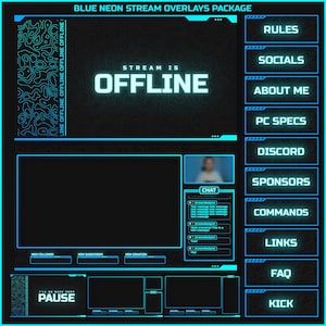 Może przedstawiać: Pakiet nakładek strumieniowych w niebieskim neonie dla Twitch lub YouTube. Nakładka zawiera projekt w niebieskim neonie z tekstem "STREAM IS OFFLINE" w środku. Nakładka zawiera również sekcje dla nowych obserwujących, nowych subskrybentów i nowych darowizn. Są też sekcje dla czatu, zasad, mediów społecznościowych, informacji o mnie, specyfikacji komputera, discorda, sponsorów, poleceń, linków, FAQ i wyrzucenia.
